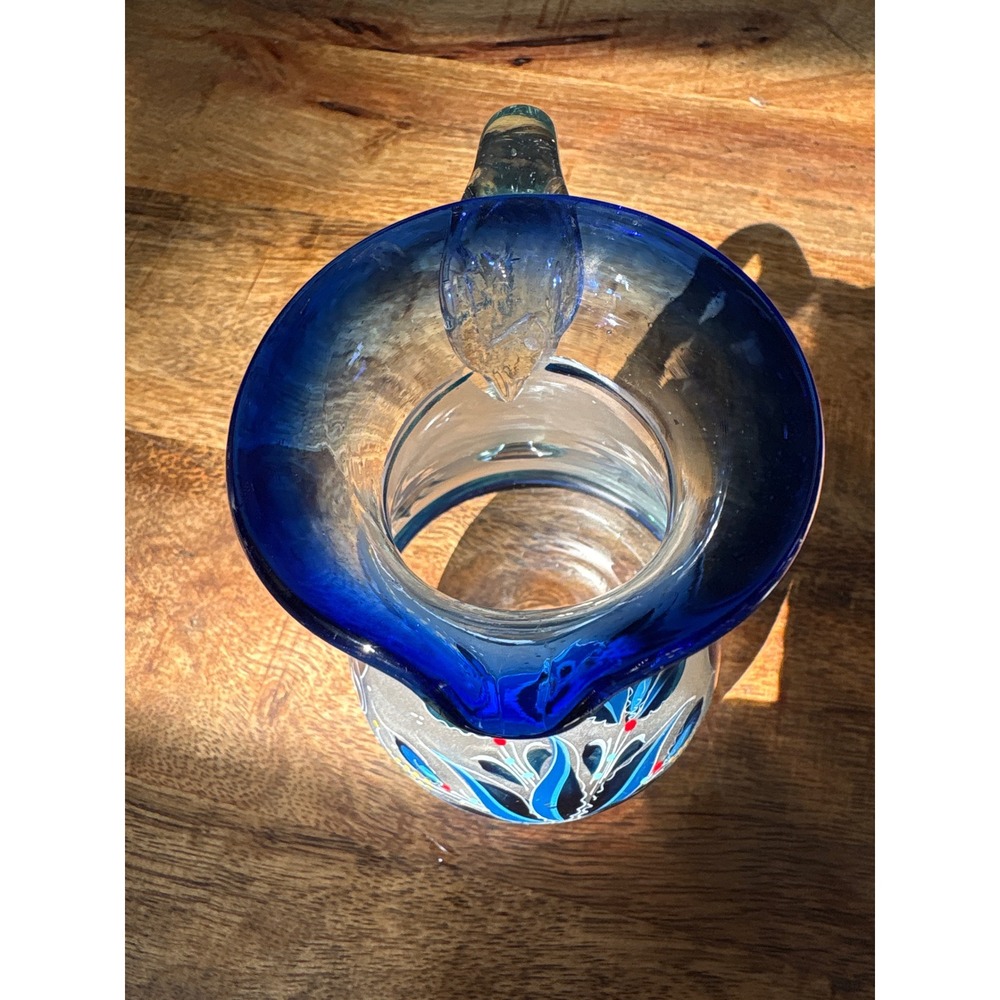 Handblown Frosted Glass Pitcher Blue Hand Painted Floral Bird Cobalt Rim Vtg - Picture 6 of 6
